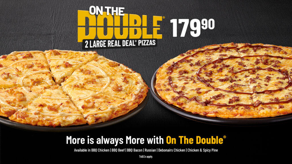 Two large pizzas against a black and yellow background.