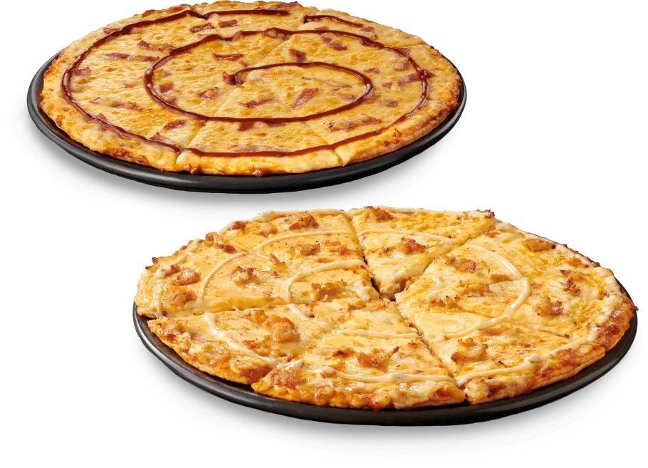 2 large pizzas on black plates