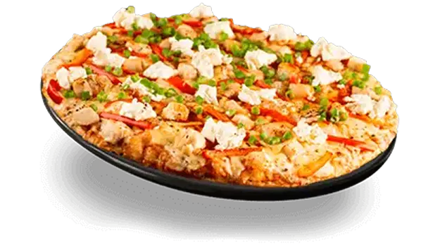 Large pizza on a black plate