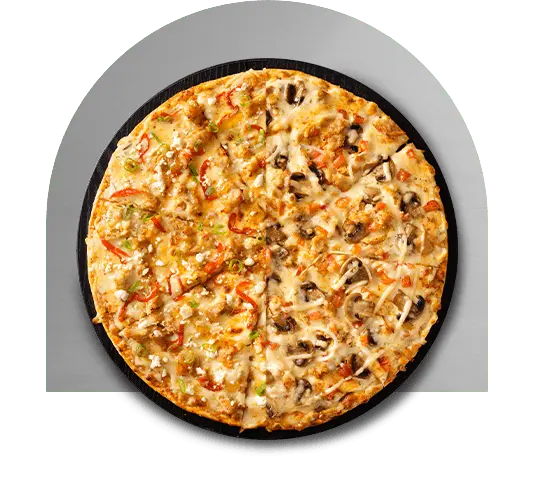 Large pizza on a black plate