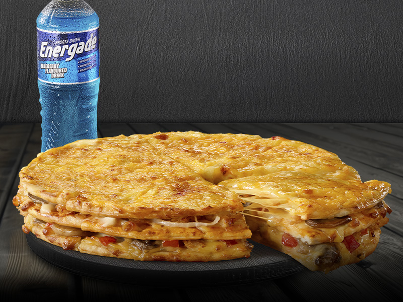 Small triple decker pizza with an Energade