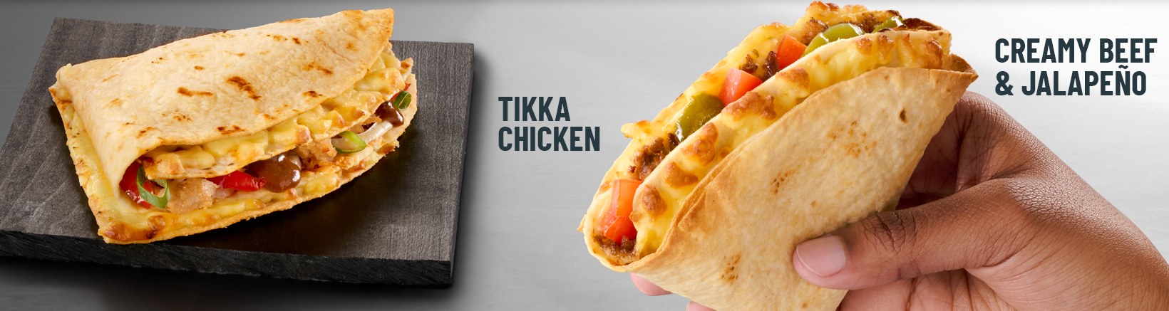 Tikka chicken pizza wrap and creamy beef and jalapeno