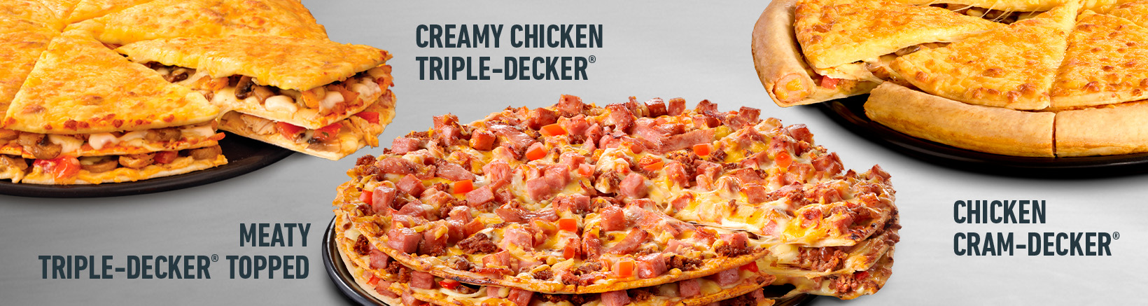 Creamy chicken triple decker, chicken cram decker, meaty tripple decker topped