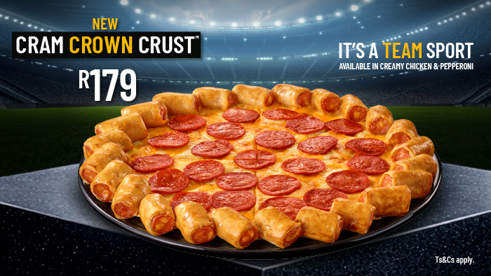 Debonairs Pizza Cram Crown Crust pizza for R179, a large sharing pizza for 2026 watch parties, available in Creamy Chicken and Pepperoni